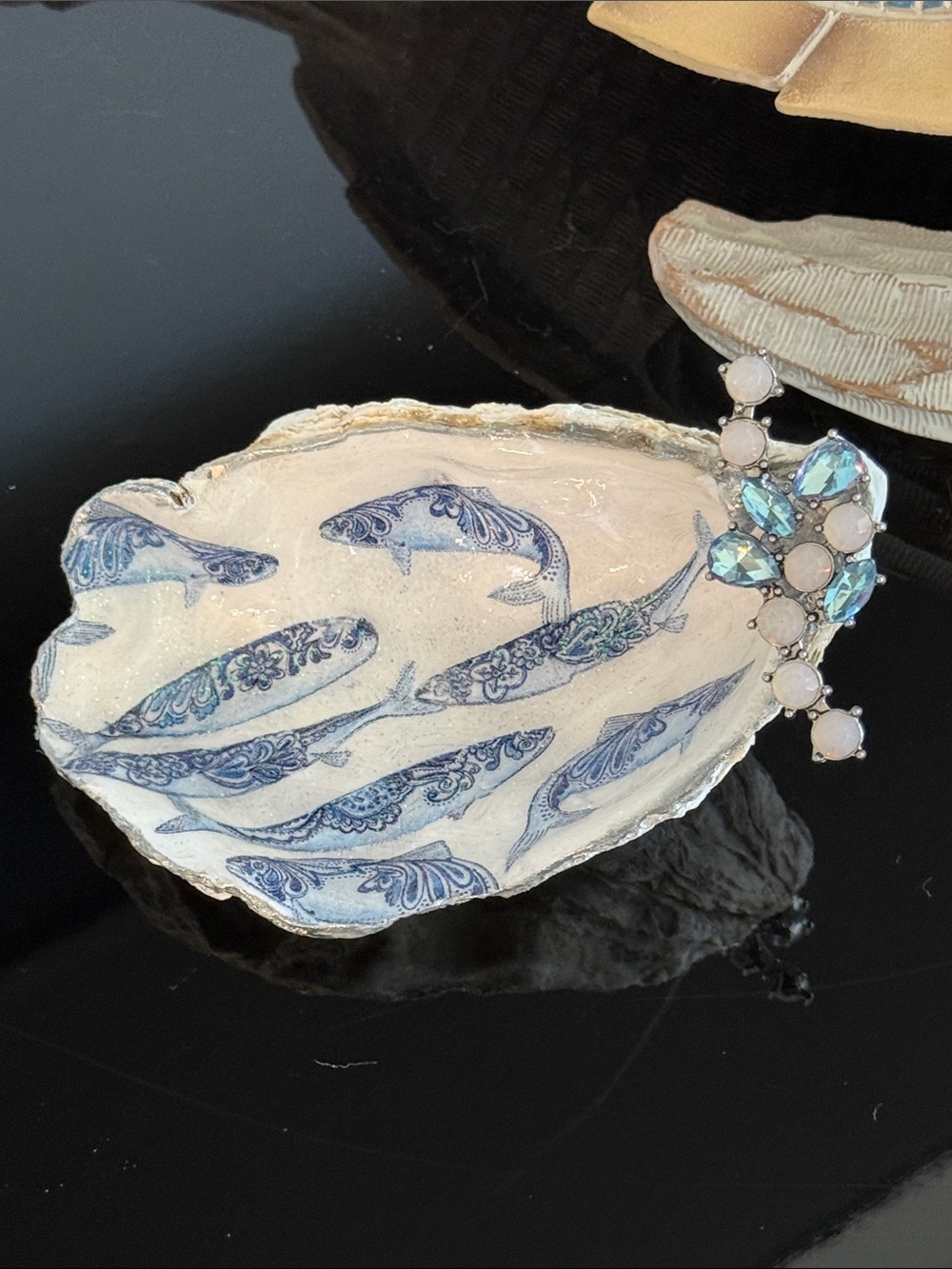 Decorative Oyster Shell Dish with Blue Fish Motif and Rhinestone Embellishment